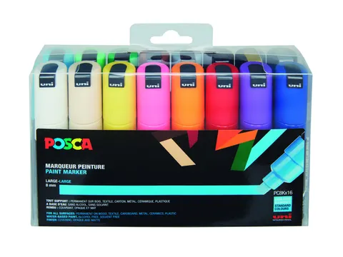 Verfstift Posca PC8K Brede punt 8mm schuin 16st assorti