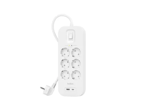Spanningsbeveiliger met USB-C- en USB-A-poort 6 Poort Stekkerdoos