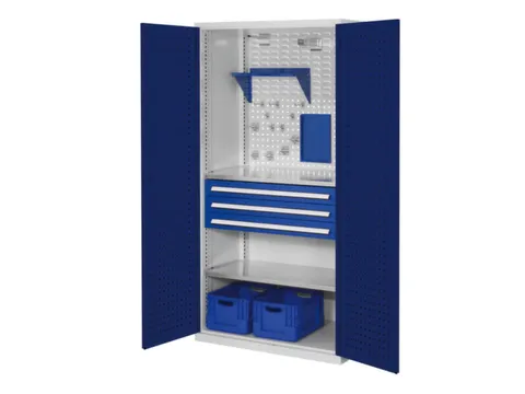 Materiaalkast Geperf. Deuren 1950x1000x600mm 3laden 2legborden Ral5010
