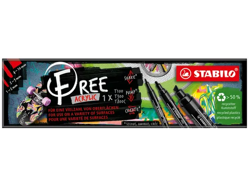 Acrylmarker STABILO Free Acrylic Mixed Tip set à 3 breedtes zwart