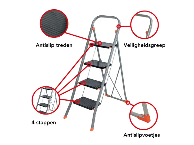 Huishoudtrap met hoge beugel 4 treden antislip inklapbaar tot 150 kg