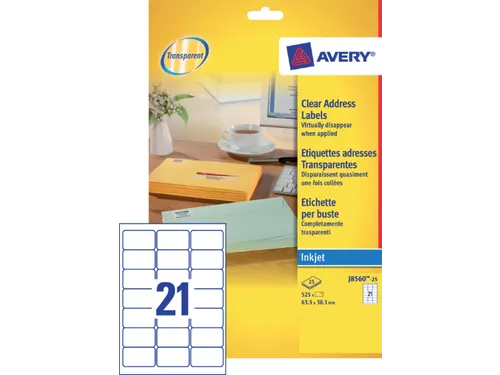 Adresetiket Avery J8560-25 63,5x38,1mm Transparant Inkjet 525 stuks