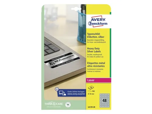 Etiket Avery L6129-20 rond 30mm zilver 960stuks
