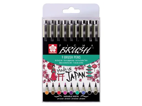 Viltstift met brushpen Bruynzeel Sakura Pigma etui 9 kleuren assorti