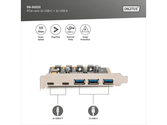 PCIe-kaart 2x USB-C + 3x USB A 5x SuperSpeed ​​​​10Gbps