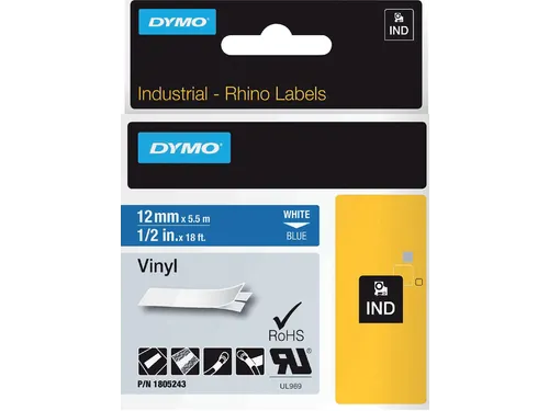 Labeltape Dymo Rhino 1805243 12mmx5.5m Vinyl Wit Op Blauw