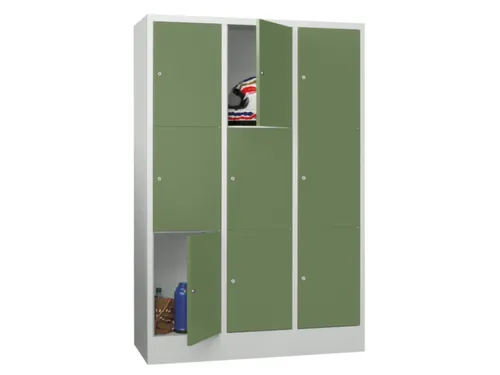 lockerkast,HxBxD 1850x1200x500mm,3x3vakken,RAL7035,front RAL6011