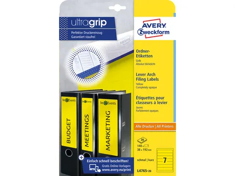 ordnerrugetiket Avery 192x38mm geel 20 vel 7 etiketten per vel