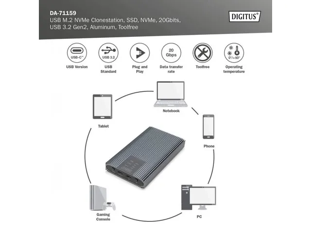 NVMe-kloonstation NVMe 20Gbits USB 3.2 Gen2 aluminium gereedschapsvrij