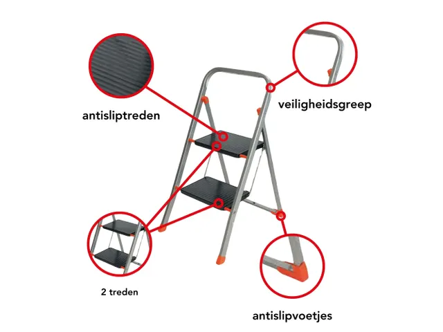 Huishoudtrap met hoge beugel 2 treden antislip inklapbaar tot 150 kg