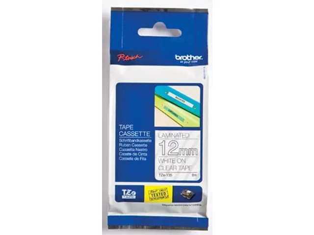 TZe tape voor P-Touch 12 mm, wit op transparant