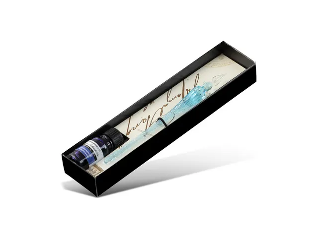 Set de calligraphie Standardgraph bleu avec plume en verre et encrier