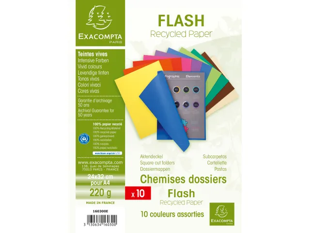 10 dossiermappen FLASH 220 -100% gerecycleerd -24x32cm Assorti