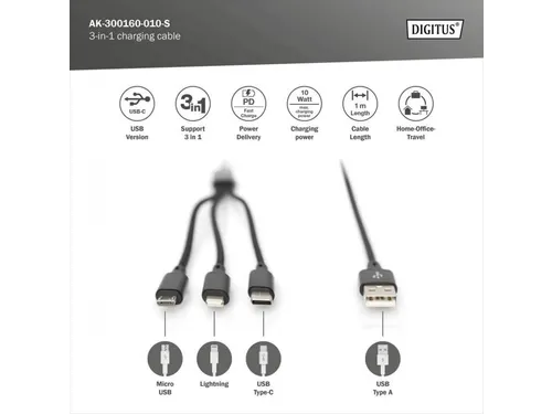 USB-oplaadkabel 1m 3-in-1 Kabel Nylon Gevlochten Zwart