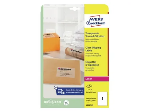 laseretiket Avery Zweckform 210x297mm transparant A4 25 stuks