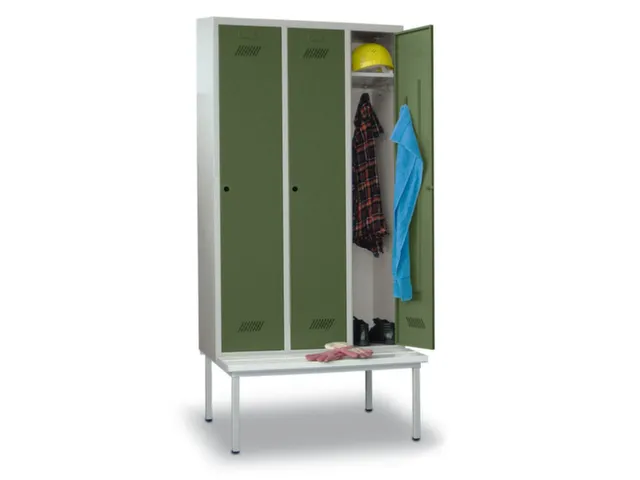 locker met bank,HxBxD 2150x1200x500mm,3vak,RAL7035,front RAL6011