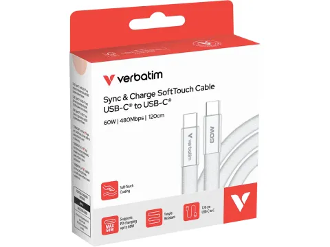 30274 VERBATIM Softtouch Kabel USB-C USB-C 1,20m 60 W wit 480Mbit/s