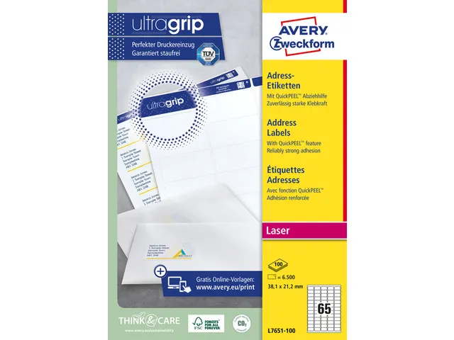 Etiket Avery L7651-25 38.1x21.2mm Laserprinter Wit 6500 stuks