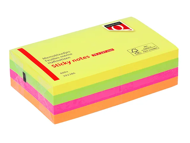 Bloc mémos Quantore 76x127mm néon assorti 4 couleurs lot avantageux