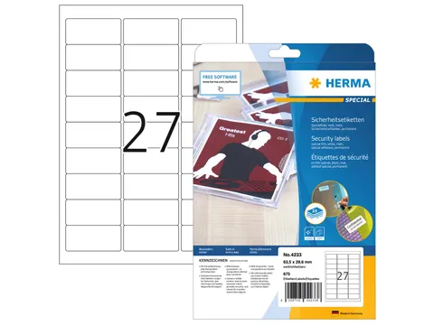 HERMA 4233 Veiligheidsetiketten A4 63,5x29,6mm Wit 675 stuks