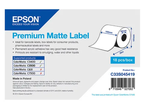 Epson C33S045419 premium matte doorlopende labelrol 102mmx35m