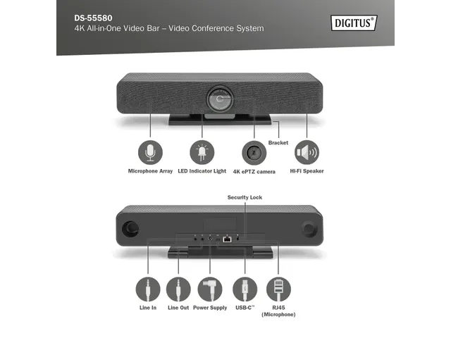 DIGITUS 4K alles-in-één videobar Pro videoconferentiesysteem