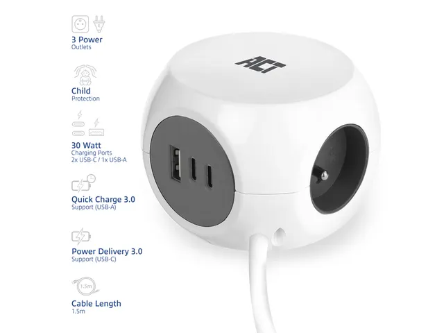 Cube multiprise ACT 3 prises inclus 2x USB C/A 1,5m blanc/gris FR/BE