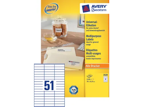 Etiket Avery Zweckform 3420 70x16.9mm wit 5100stuks