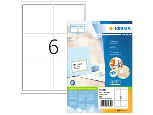 HERMA 4653 Premium Adresetiketten A4 99,1x93,1mm Wit 600 stuks