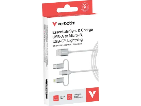 32394 VERBATIM Sync+Charge 3in1 Kabel USB-C 1m 18 W wit 480Mbit/s