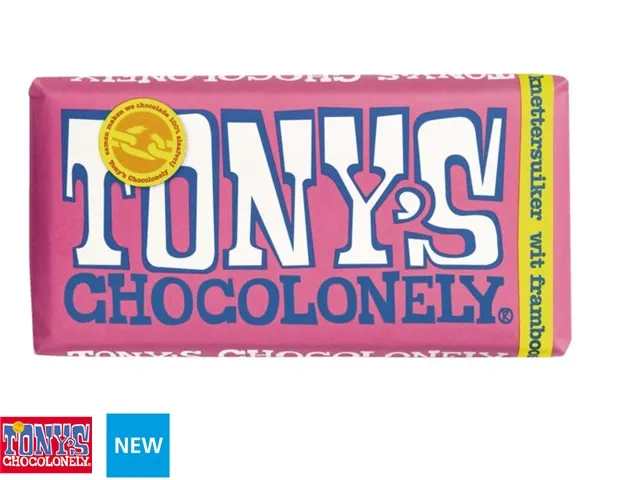 Chocolade Tony's Chocolonely reep 180gr wit framboos knettersuiker