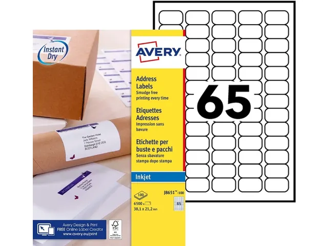 Etiket Avery J8651-100 38.1x21.2mm Inkjet wit 6500 stuks