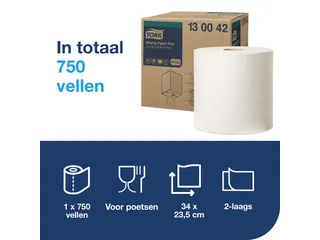 Tork 130042 W1,W2,W3 Plus Poetspapier Premium 2-laags Wit 255m - 6