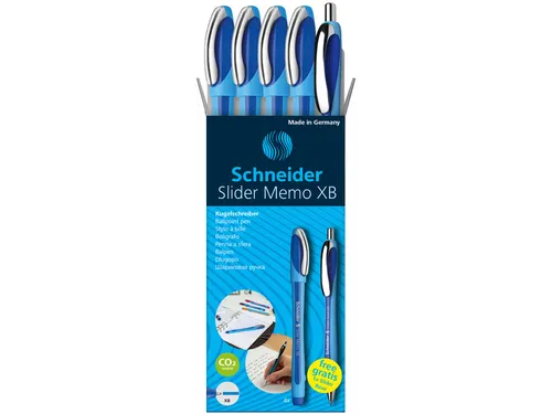 Balpen Schneider Slider Memo XB blauw 4st + 1 gratis Slider balpen