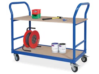 tafelwagen,draagverm. 250kg,2xhouten plaat,RAL5010,rubber-banden - 1