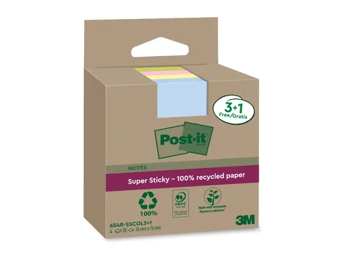Memoblok 3M Post-it 654 RSSCOL 76x76mm assorti kleur 3+1 gratis