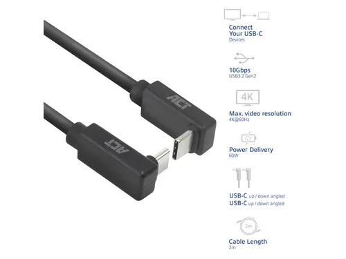 Kabel ACT USB-C hoek boven/beneden 10Gbps 2m