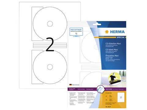 HERMA 8624 CD-etiketten A4 Ø 116mm/18,5mm mat Wit 20 stuks