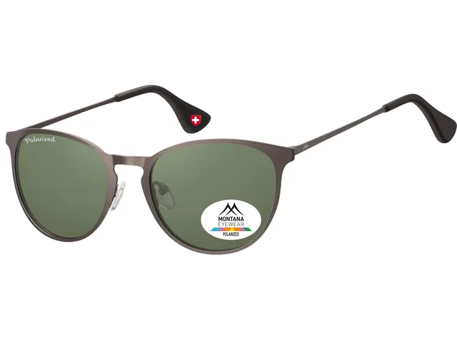 Zonnebril Montana met groen G15 gepolariseerd rond glas staalkleurig