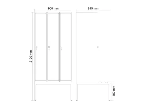 locker met bank,HxBxD 2120x900x815mm,3vak,vak B 300mm,cilinderslot