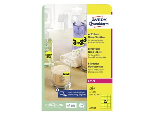 Gekleurde Etiketten Avery Zweckform 63,5x29,6mm Neon Geel 675 stuks