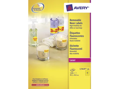adresetiket Avery 99,1x38,1mm neongeel 100 vel 14 etiketten per vel