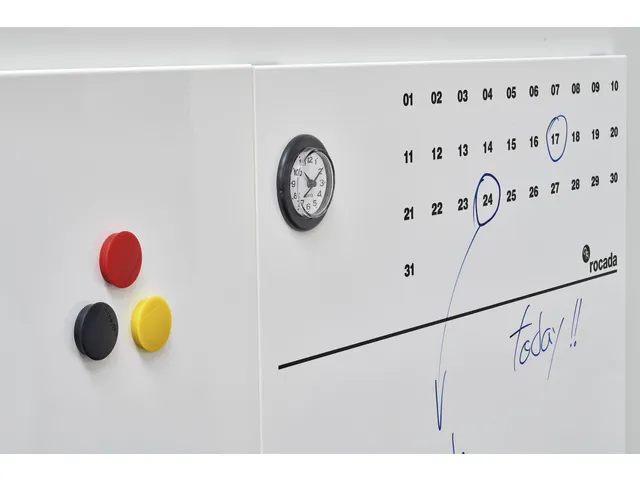 Whiteboard Rocada Skinclock 55x75cm wit gelakt met klok en kalender