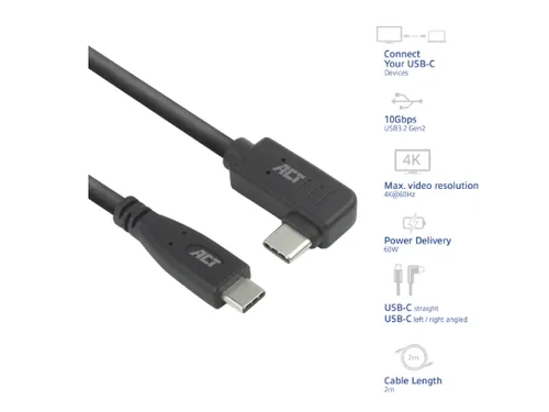 Kabel ACT USB-C standaard naar USB-C hoek 10Gbps 2m