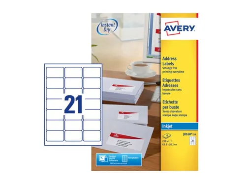 Adresetiket Avery J8160-10 63.5x38.1mm Inkjet Wit 210 Stuks