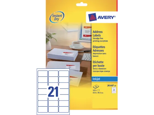 Adresetiket Avery J8160-25 63.5x38.1mm Inkjet Wit 525 stuks