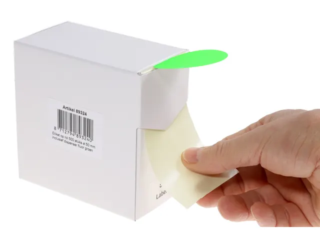 Etiquette sur rouleau 50mm vert fluo + dévidoir 500 pièces