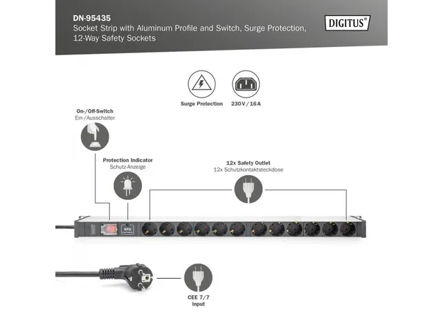 Stekkerdoos Met Aluminium Profiel Met Schakelaar 12-voudig stopcontact