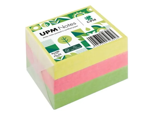 UPM notes 75x75 assorti pak 6x 100 vel geel, roze, groen