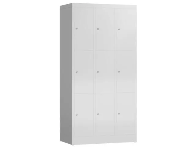 Lockerkast 1800x870x500mm 3x3 vakken cilinderslot, sokkel, RAL7035